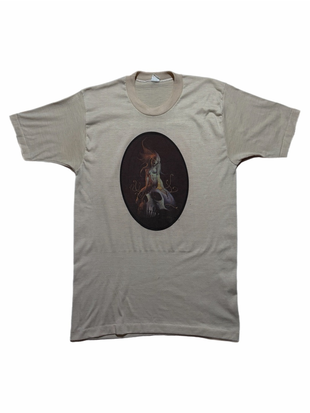 Vintage Mayo Spruce Shirt Mens XL Beige Fantasy Skull Horror Graphic Tee 70s